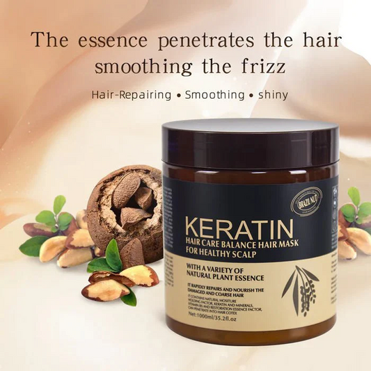 Keratin hair care mask jar with ingredients on a light background