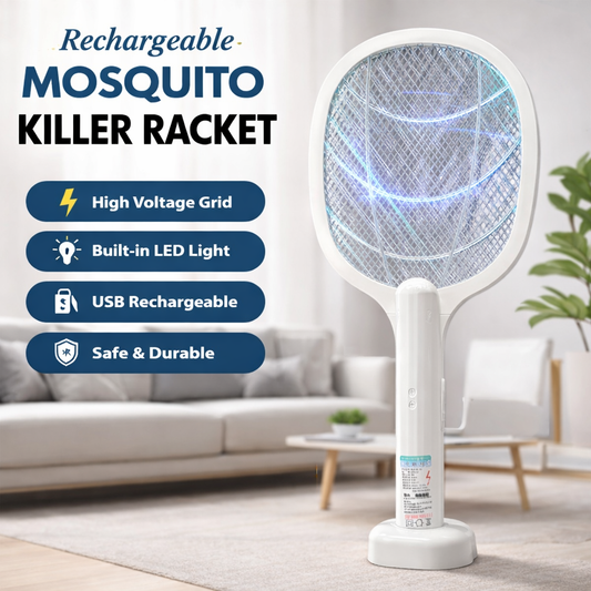 Rechargeable mosquito killer racket with features listed on a living room background