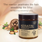 Keratin hair care mask jar with ingredients on a light background