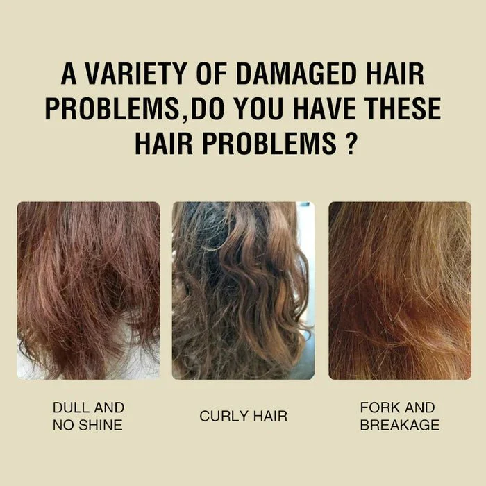 Promotional graphic for hair care product showing damaged hair types with text asking if you have similar issues.