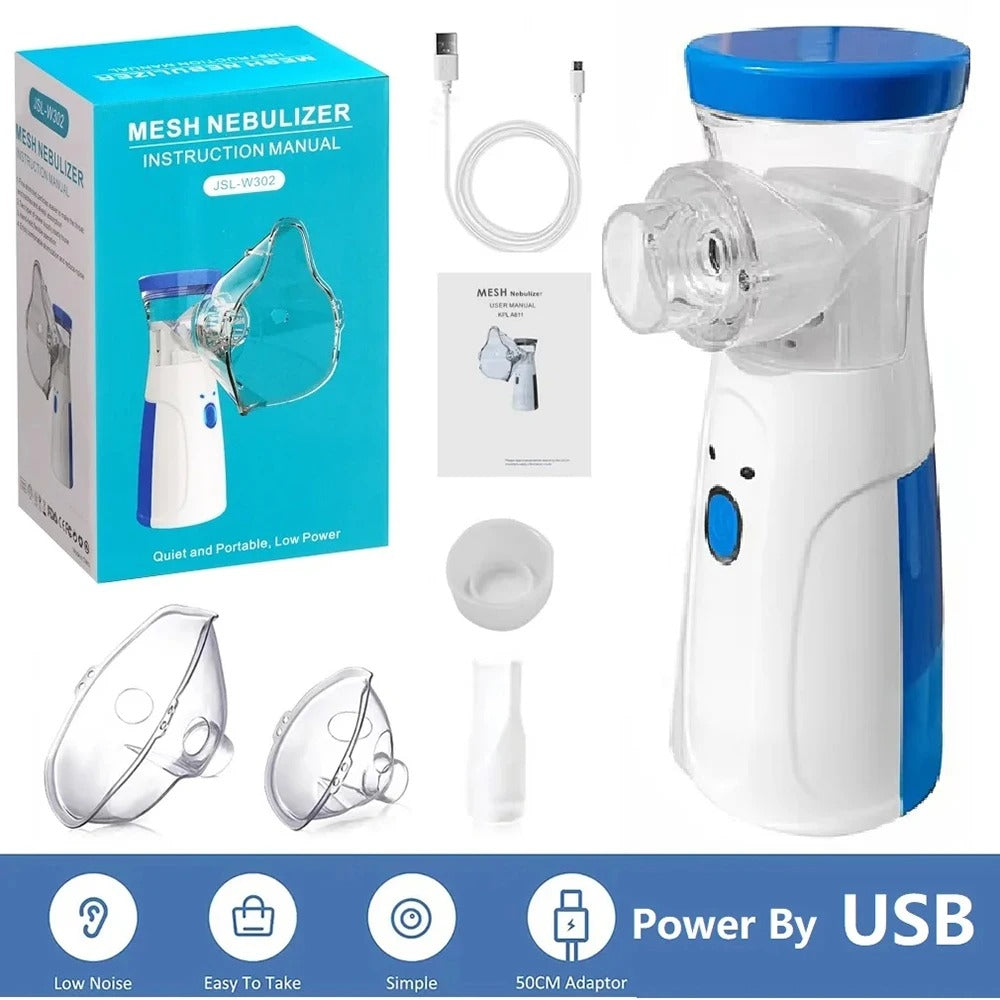 Mesh Nebulizer with packaging, attachments, and USB cable on a blue background