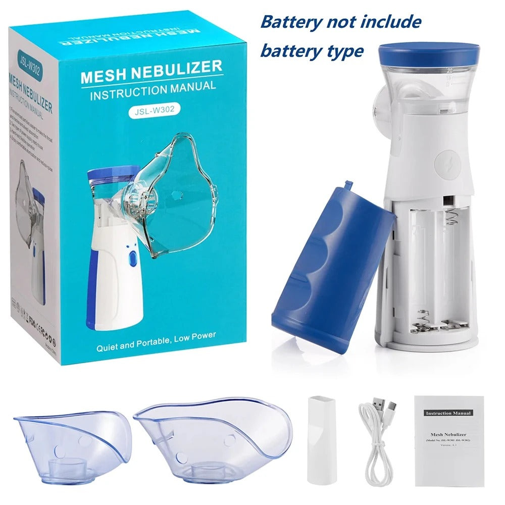 Mesh Nebulizer with packaging, components, and accessories on a white background