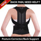 Black posture corrector worn by a person on a white background with text about back pain relief.