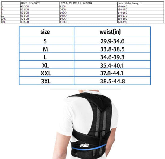 Person wearing a black posture corrector with a size chart displayed above.