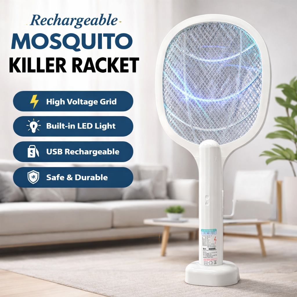 Rechargeable mosquito killer racket with features listed on a living room background