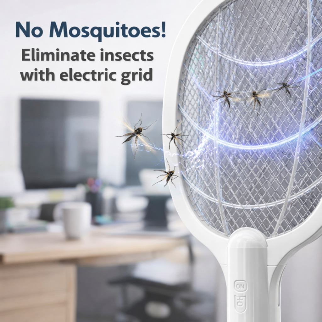 Electric fly swatter with mosquitoes on a blurred office background