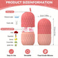 Pink silicone container with measurements and product features on a white background