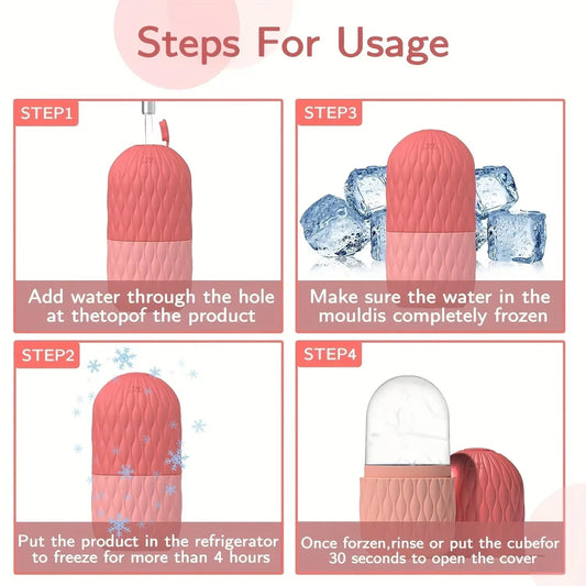 Step-by-step guide on how to use a pink ice cube mold with text instructions.